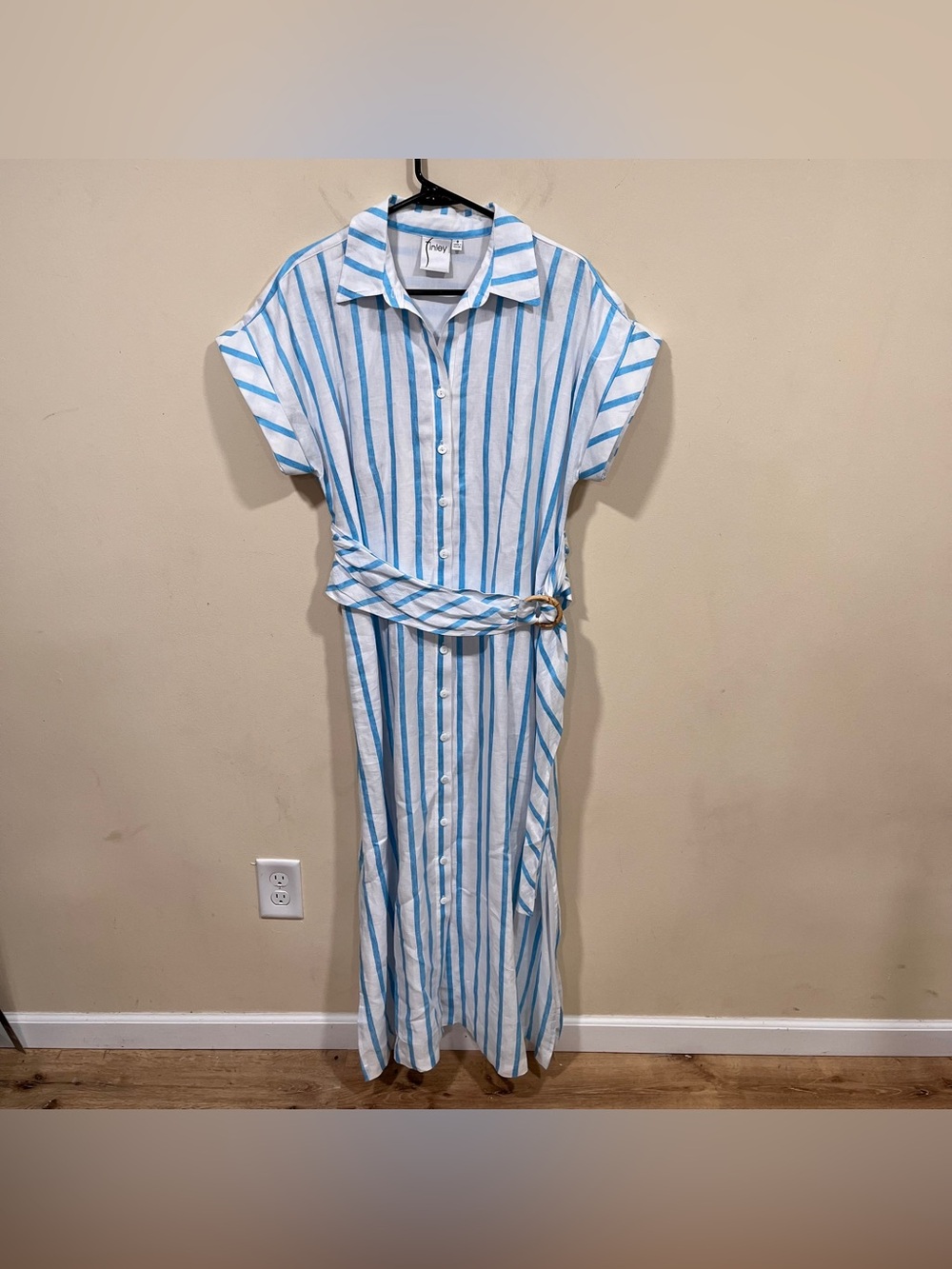 Finley Smithy Sash Waist Linen Shirtdress stripped blue & white linen dress  S - Picture 4 of 10
